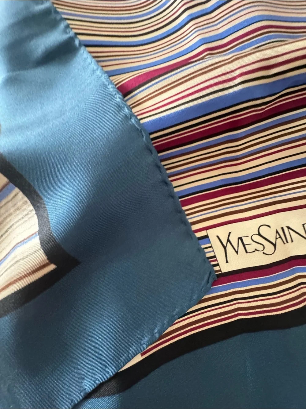 Yves Saint Laurent Multicolor Striped Silk Scarf with Teal Border